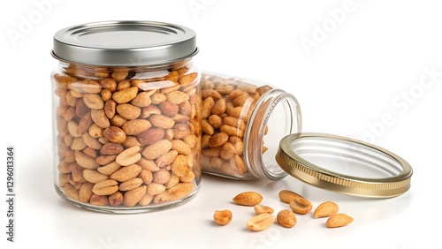 Jar of Roasted & Salted Shelled Peanuts on White Background – Crunchy & Savory Snack