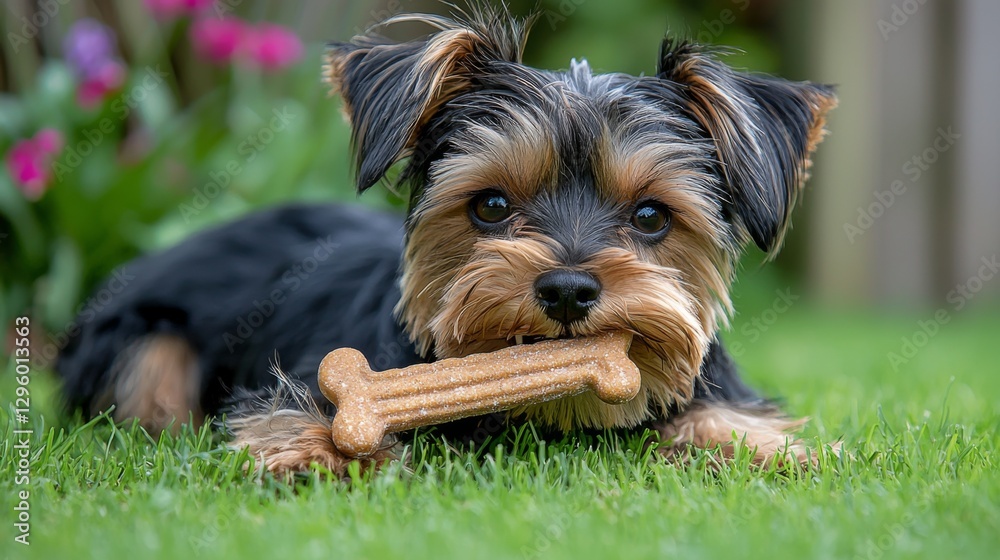 Playful Yorkshire Terrier enjoys a dog bone in a lush garden on a sunny day Playful Yorkshire Terrier enjoys a dog bone in a lush garden on a sunny day