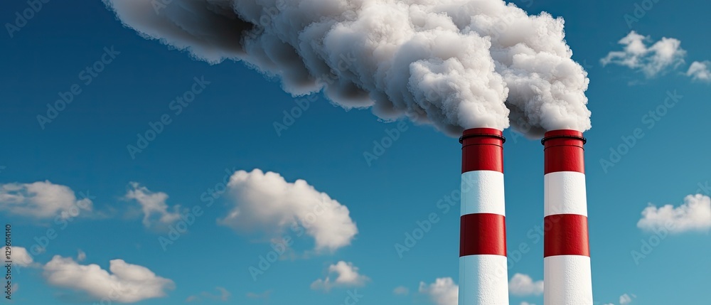 Two tall smokestacks emit thick clouds of white smoke against a clear blue sky, highlighting industrial activity and environmental impact. Two tall smokestacks emit thick clouds of white smoke against a clear blue sky, highlighting industrial activity and environmental impact.