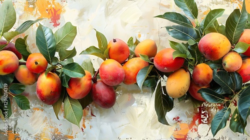 A dynamic composition of mangoes and leaves seemingly floating in mid air against a bright white backdrop photo
