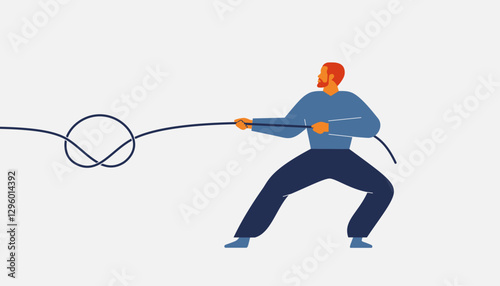 tug of war. Man pulling a rope a symbol of struggle and perseverance in overcoming difficulties. Concept of aspiration to achieve goals and demonstrate endurance. Vector illustration