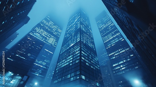 Misty Urban Skyscrapers at Night with Illuminated Windows under a Dark Blue Sky