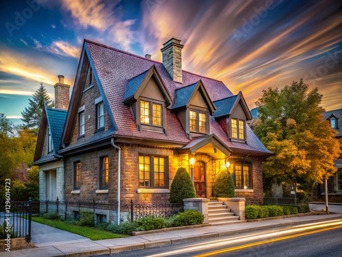 1920s English Cottage, Quebec City: Long Exposure Charm of Brown Brick House with Metal Roof & Porch photo