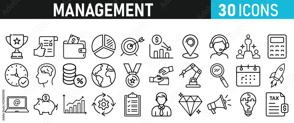 Management icon collection. Time management and planning concept. Solid icon set. Management icon collection. Time management and planning concept. Solid icon set.
