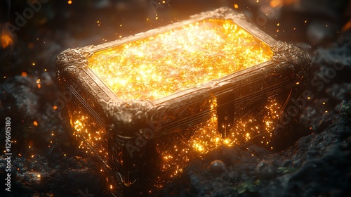 A treasure chest overflowing with radiant gold particles in a mystical setting. photo