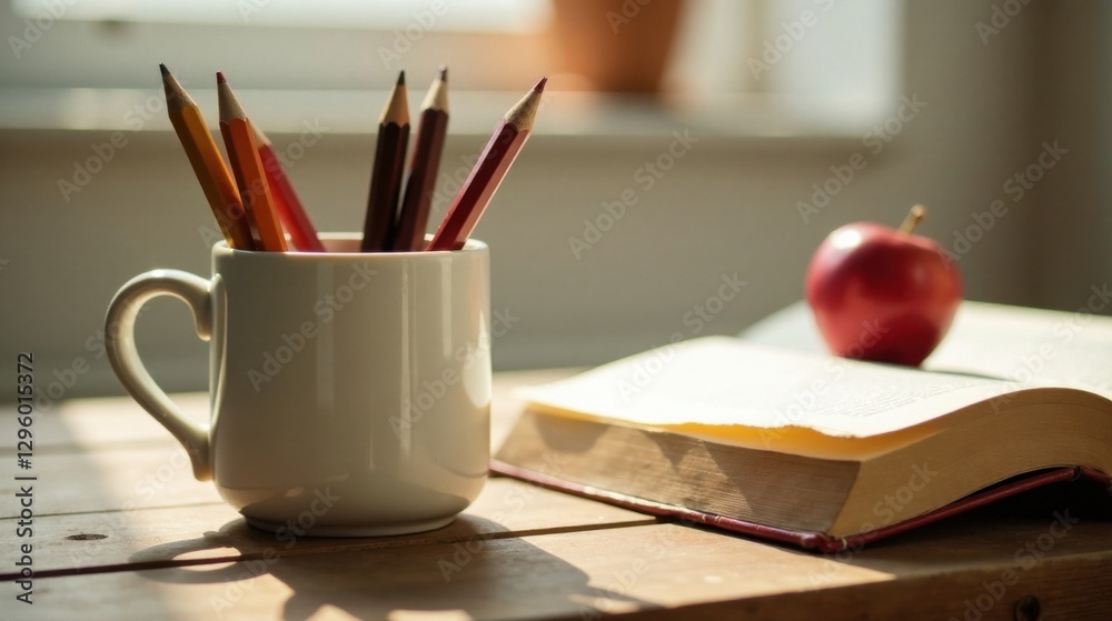 Sunlit Study Session Colored Pencils in a Mug Beside an Open Book and a Red Apple on a Wooden Desk Sunlit Study Session Colored Pencils in a Mug Beside an Open Book and a Red Apple on a Wooden Desk