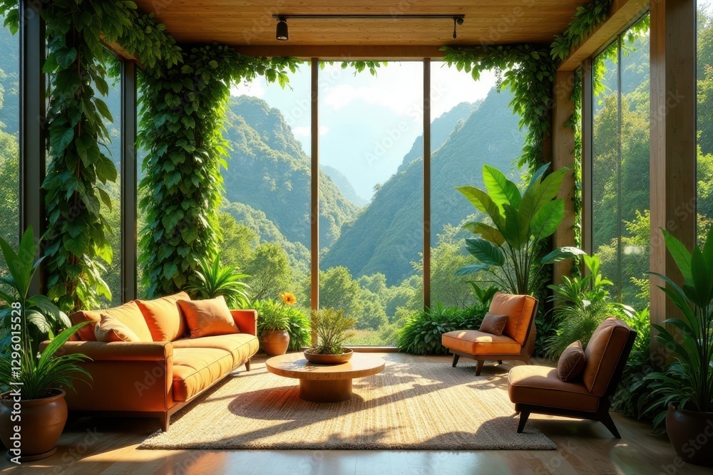Fototapeta premium Serene Mountain View Living Room with Lush Indoor Plants and Comfortable Seating