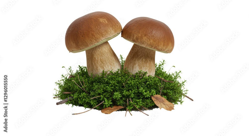 Isolated Pair of Boletus Edulis Mushrooms Growing on Mossy Bed Isolated Pair of Boletus Edulis Mushrooms Growing on Mossy Bed