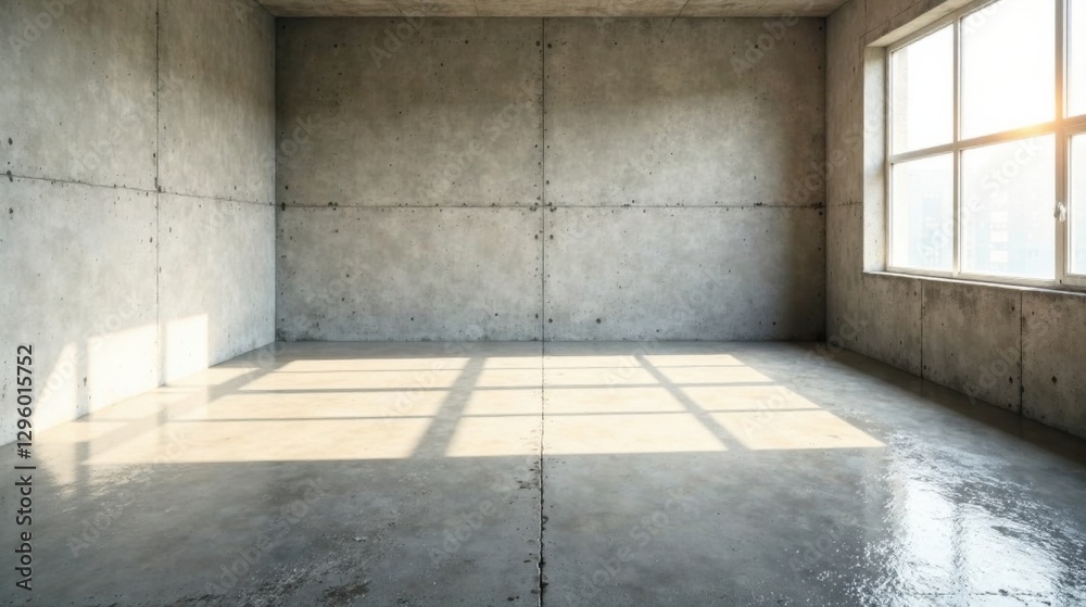 Empty Room with Concrete Walls and Polished Floor, Sunlight Streaming Through a Large Window Empty Room with Concrete Walls and Polished Floor, Sunlight Streaming Through a Large Window