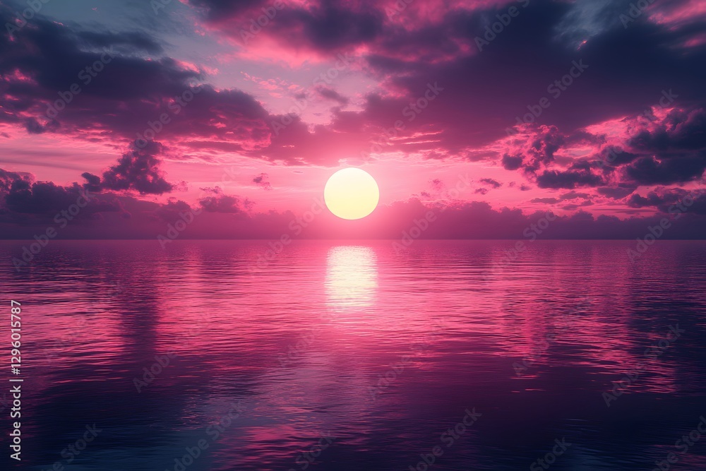 Tranquil Pink Sunset Over Calm Ocean Waters - Ideal for Wall Art and Posters Tranquil Pink Sunset Over Calm Ocean Waters - Ideal for Wall Art and Posters