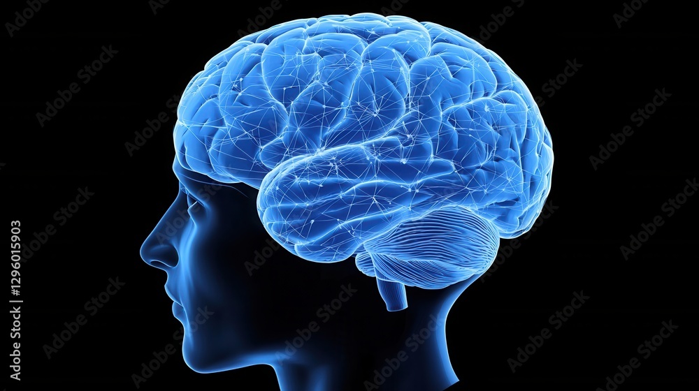 Human Brain Illustration with Neural Connections in Blue Design Human Brain Illustration with Neural Connections in Blue Design