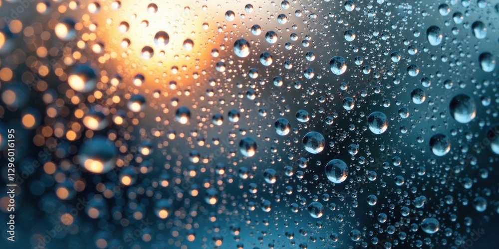 A Captivating Close-Up of Water Droplets Adhering to a Glass Surface, Backlit by a Warm, Diffused Light Source