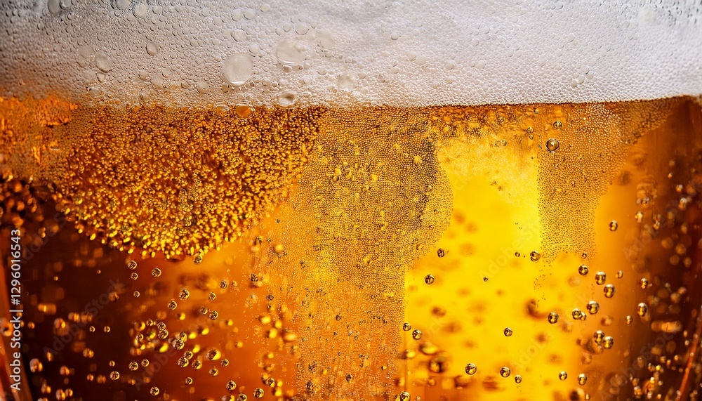 Macro cold beer pour: overflowing foam, rising bubbles. Refreshing drink, inviting thirst quencher. Perfect for summer, bar, pub. Macro cold beer pour: overflowing foam, rising bubbles. Refreshing drink, inviting thirst quencher. Perfect for summer, bar, pub.