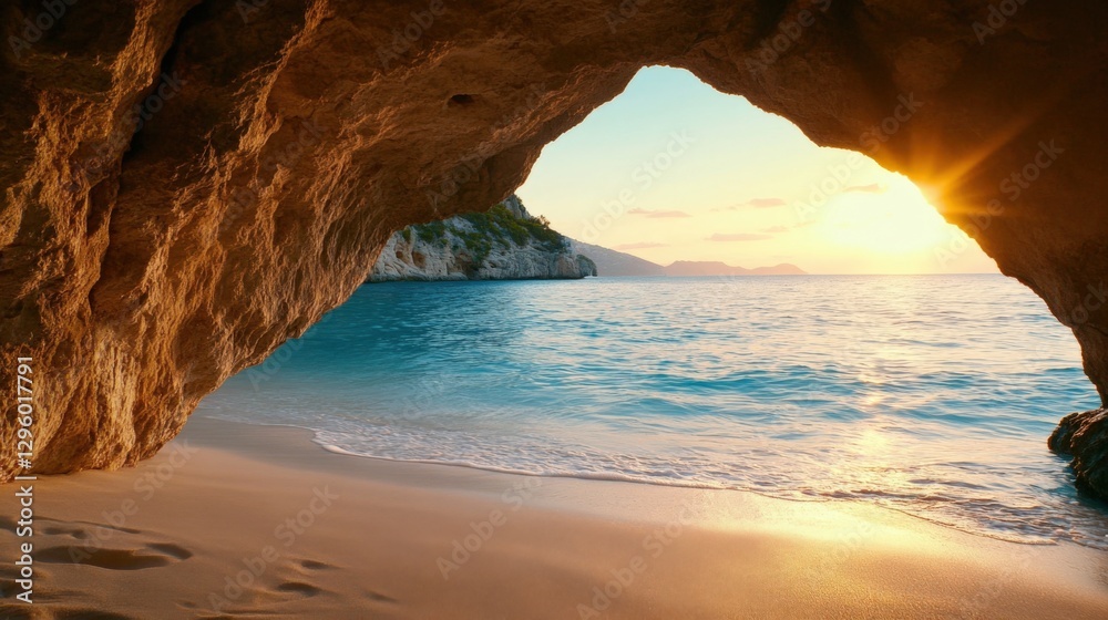Fototapeta premium Sunset beach view from cave coastal paradise photography serene ocean environment scenic perspective nature's beauty