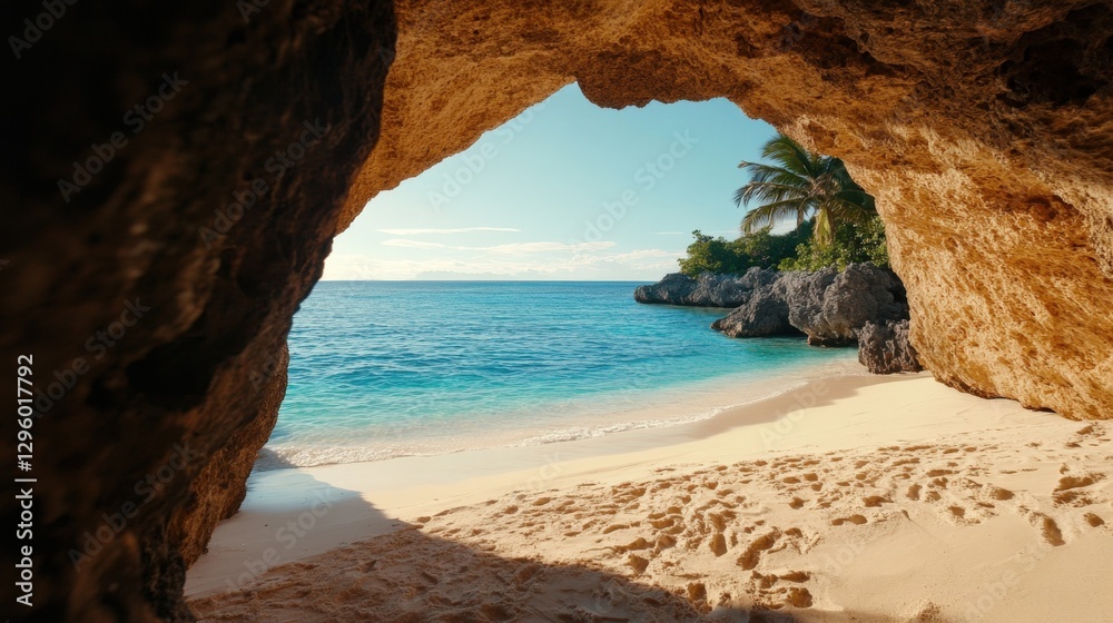 Fototapeta premium Serene beach escape tropical cove landscape photography coastal paradise wide angle tranquil seascape