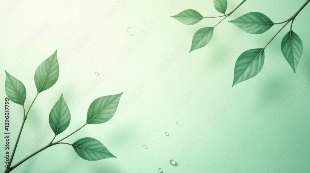Serene Green Branches with Dew Drops on a Soft Mint Background, Ideal for Relaxation and Wellness Designs Serene Green Branches with Dew Drops on a Soft Mint Background, Ideal for Relaxation and Wellness Designs