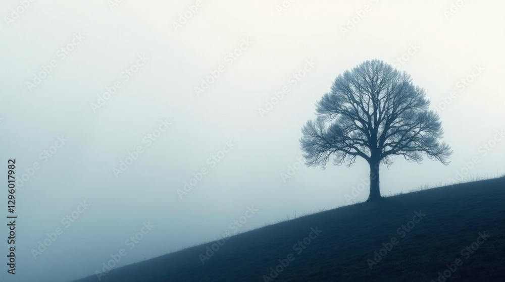 Solitary Tree on a Misty Hillside, a Serene Winter Landscape Solitary Tree on a Misty Hillside, a Serene Winter Landscape