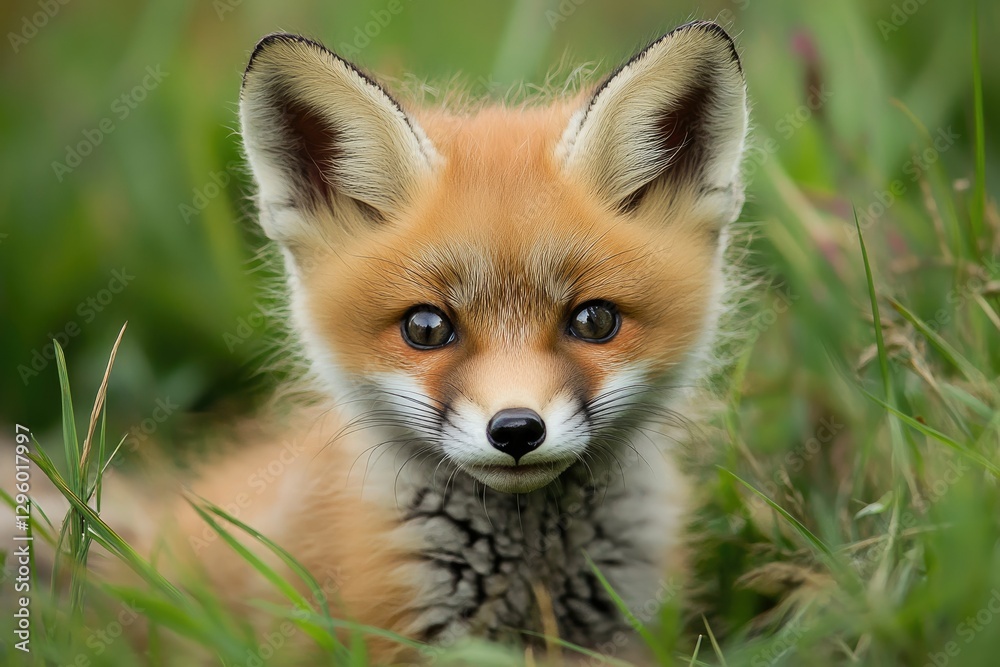 Naklejka premium Adorable Baby Red Fox Playing in Lush Grassy Meadow