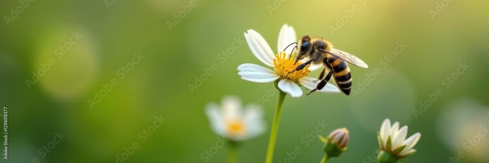 Small black and yellow striped bee hovering around a white flower in mid air , spring flowers, insect on flower, nature scene Small black and yellow striped bee hovering around a white flower in mid air , spring flowers, insect on flower, nature scene