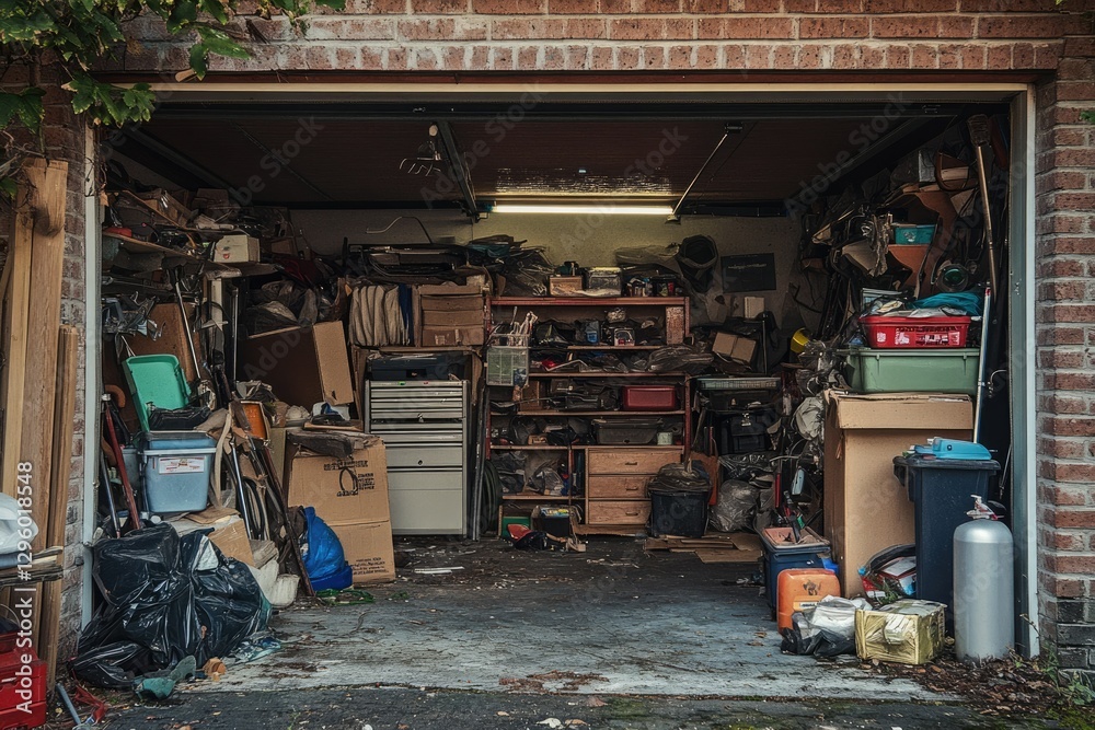 Obraz premium Chaotic Junk Garage Full of Cluttered Storage and Untidy Stuff in a Home Environment