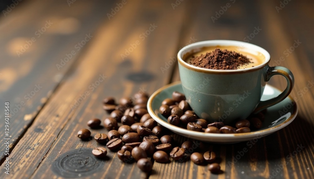 Small espresso cup filled with coffee beans on worn wooden table, wood, vintage, rustic Small espresso cup filled with coffee beans on worn wooden table, wood, vintage, rustic