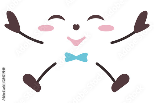 Squinting facial expression. Face with contented emotions. Jump, arms to the sides, smile, blush, bow tie. Color vector illustration. Isolated white background. Idea for web design.