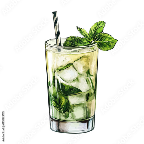 Mojito cocktail minimalist 2D vector graphic illustration sketch on a white background.

