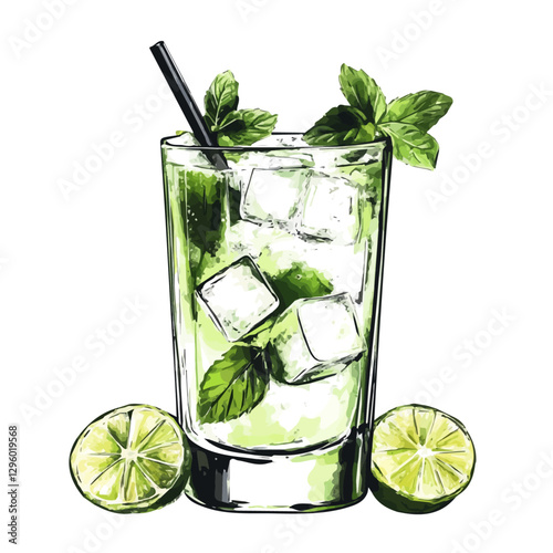 Mojito cocktail minimalist 2D vector graphic illustration sketch on a white background.

