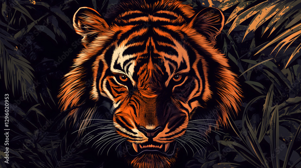 fierce tiger in jungle setting, close-up potrait fierce tiger in jungle setting, close-up potrait