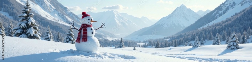 snowman standing alone in a vast snowy landscape with mountains and trees in the background , peaceful scene, snowflakes falling, cold weather snowman standing alone in a vast snowy landscape with mountains and trees in the background , peaceful scene, snowflakes falling, cold weather