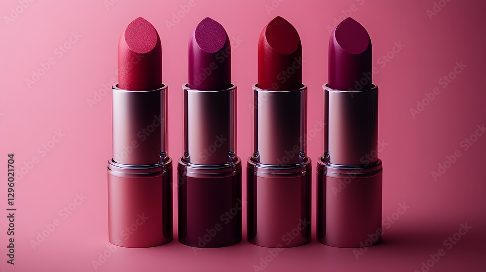 Fototapeta premium Four Different Shades of Lipstick Standing Against a Pink Background