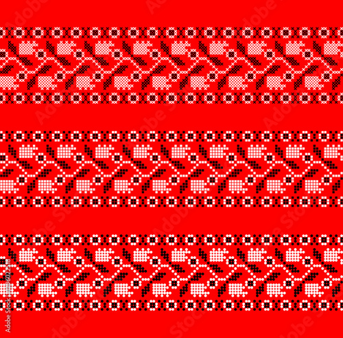Vector Ukrainian ornament – three decorative embroidered borders with pixel-style flowers and leaves in ethnic design
