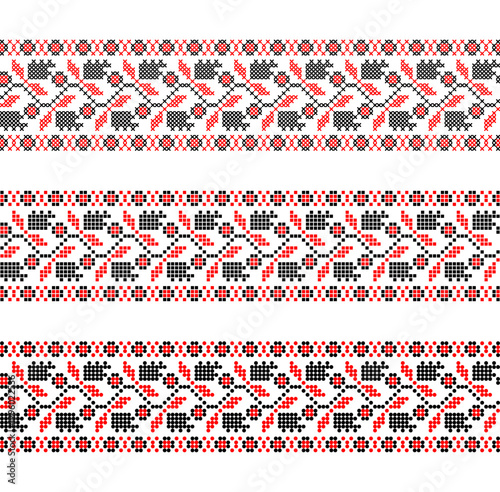 Vector Ukrainian ornament – three decorative embroidered borders with pixel-style flowers and leaves in ethnic design