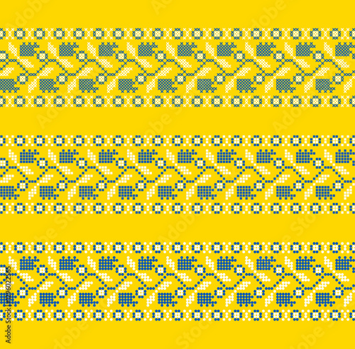 Vector Ukrainian ornament – three decorative embroidered borders with pixel-style flowers and leaves in ethnic design