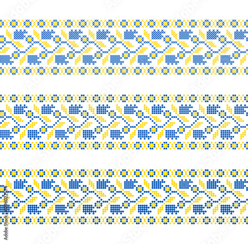 Vector Ukrainian ornament – three decorative embroidered borders with pixel-style flowers and leaves in ethnic design