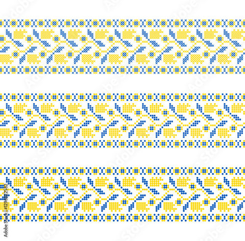Vector Ukrainian ornament – three decorative embroidered borders with pixel-style flowers and leaves in ethnic design