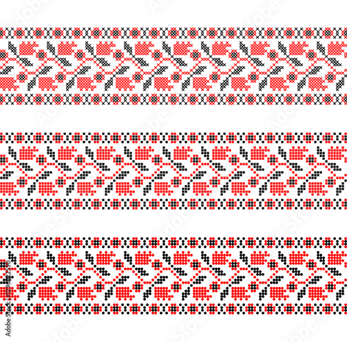 Vector Ukrainian ornament – three decorative embroidered borders with pixel-style flowers and leaves in ethnic design