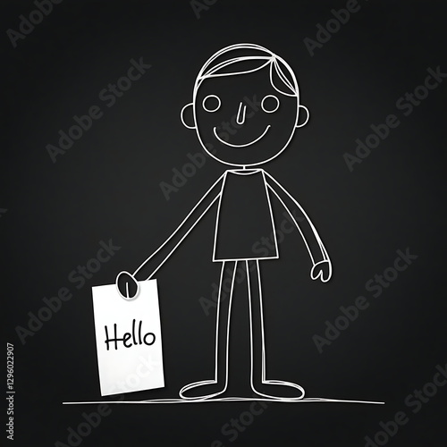 Stick figure man holding a sign saying hello