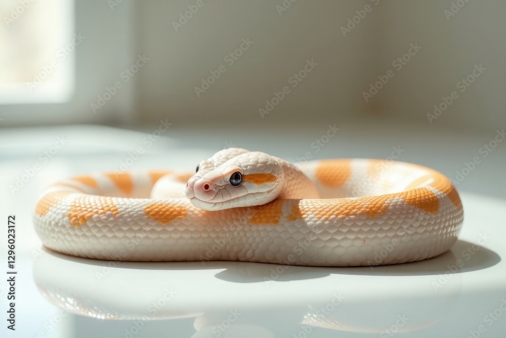 Fototapeta premium A pastel-colored snake rests on a smooth surface, basking in soft sunlight