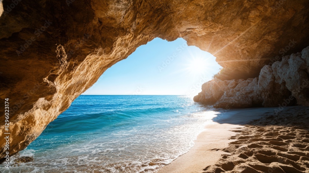 Fototapeta premium Sunlit ocean cave exploration coastal beach scenic nature photography serene environment coastal viewpoint adventure concept