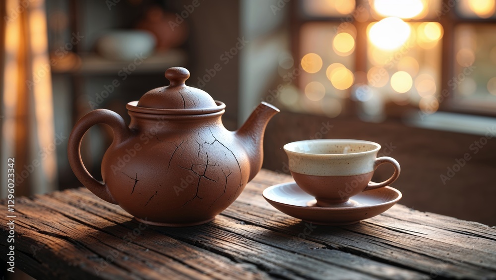 Warm afternoon tea with a rustic teapot and cup against a glowing backdrop in a cozy setting Warm afternoon tea with a rustic teapot and cup against a glowing backdrop in a cozy setting