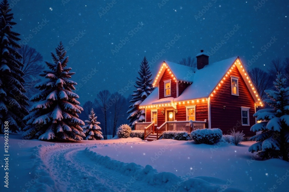 Snowy winter scene with festive lights on a house, festive atmosphere, Christmas decorations, Snowy winter scene with festive lights on a house, festive atmosphere, Christmas decorations,