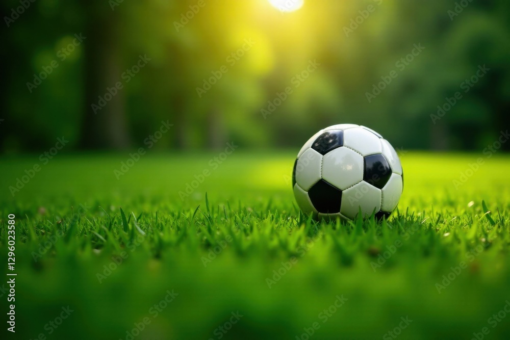 Obraz premium Soccer ball on lush green grass with sunlight filtering through, shadow, sports equipment, outdoor scene
