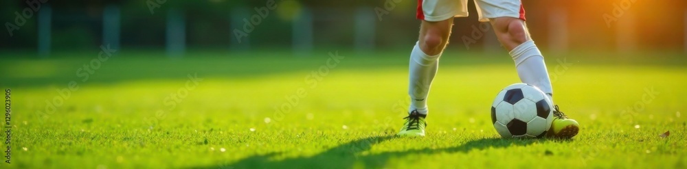 Soccer player kicking a soccer ball forward with legs and feet , kicking football, action shot, soccer ball Soccer player kicking a soccer ball forward with legs and feet , kicking football, action shot, soccer ball