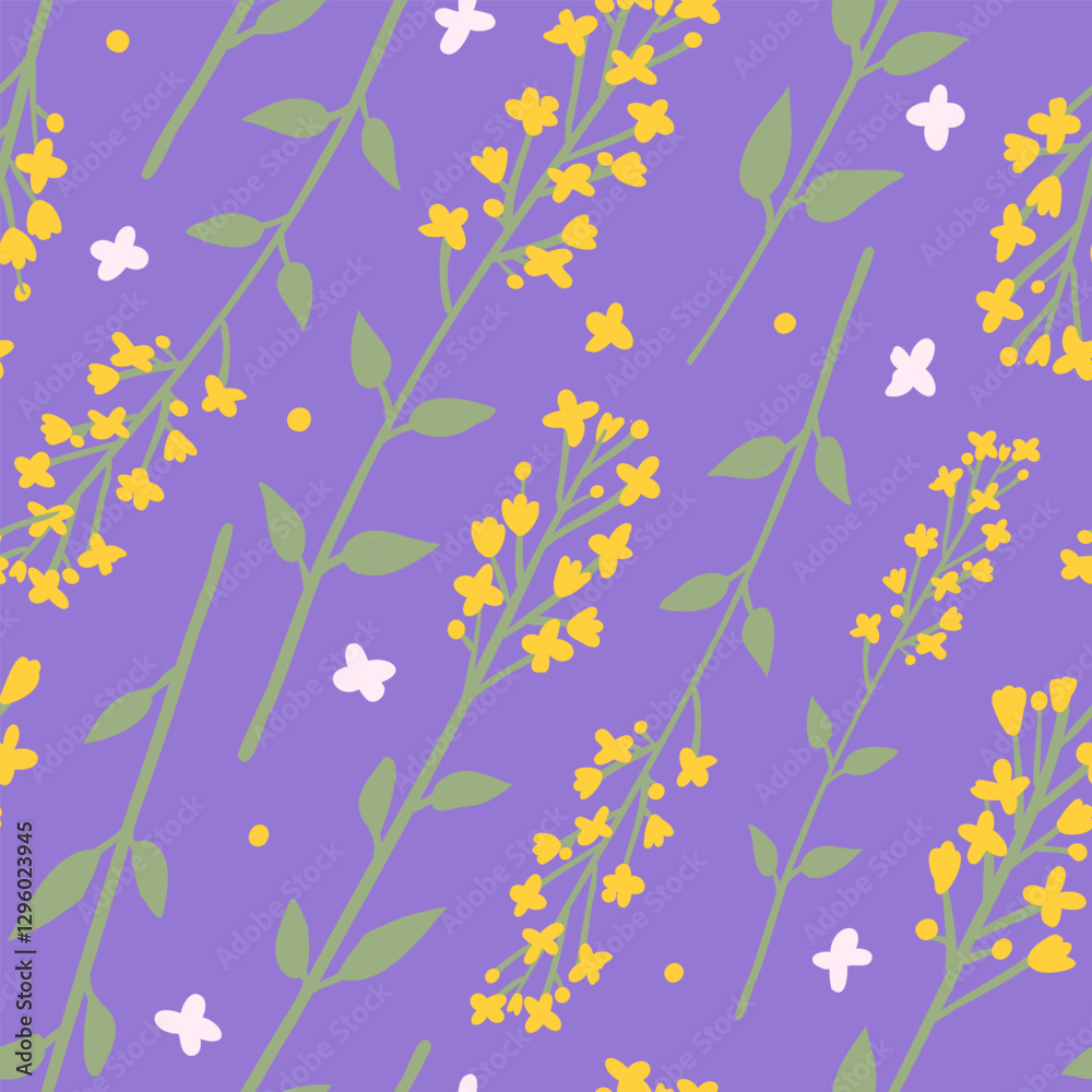 A seamless botanical pattern featuring yellow wildflowers with green stems and leaves on a soft purple background, perfect for textiles, wallpapers, and packaging. A seamless botanical pattern featuring yellow wildflowers with green stems and leaves on a soft purple background, perfect for textiles, wallpapers, and packaging.