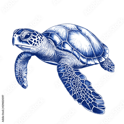 Blue ink sea turtle clipart Vector floating turtles animal underwater illustration isolated on a white background