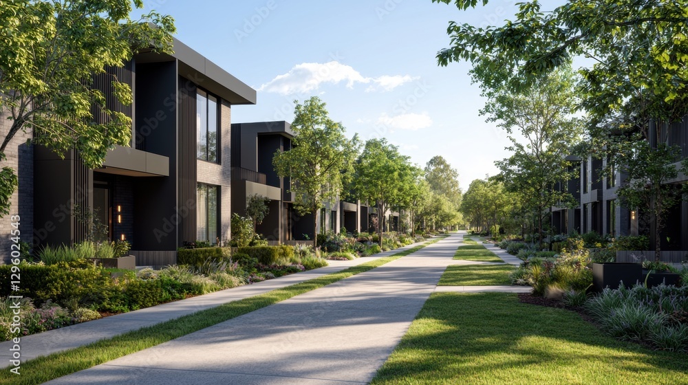 Naklejka premium Modern Residential Street View Featuring Multi-Family Homes in a Serene Green Environment