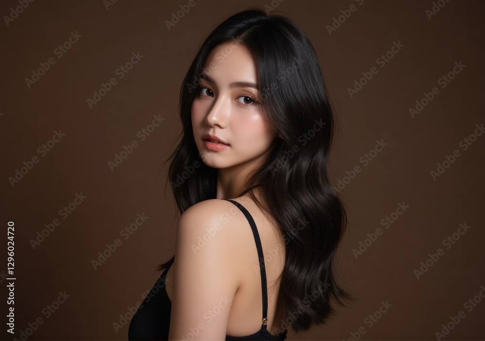 stunning model with long, sleek black hair, shining under studio lights, striking a sensual pose against a brown backdrop, her hair adding a touch of elegance stunning model with long, sleek black hair, shining under studio lights, striking a sensual pose against a brown backdrop, her hair adding a touch of elegance