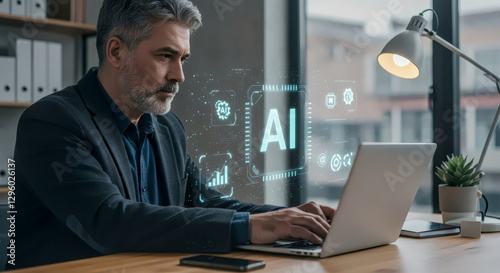 Businessman Exploring AI: A focused mature businessman sits at his desk, intently working on his laptop.  A futuristic AI interface hologram floats above his laptop.