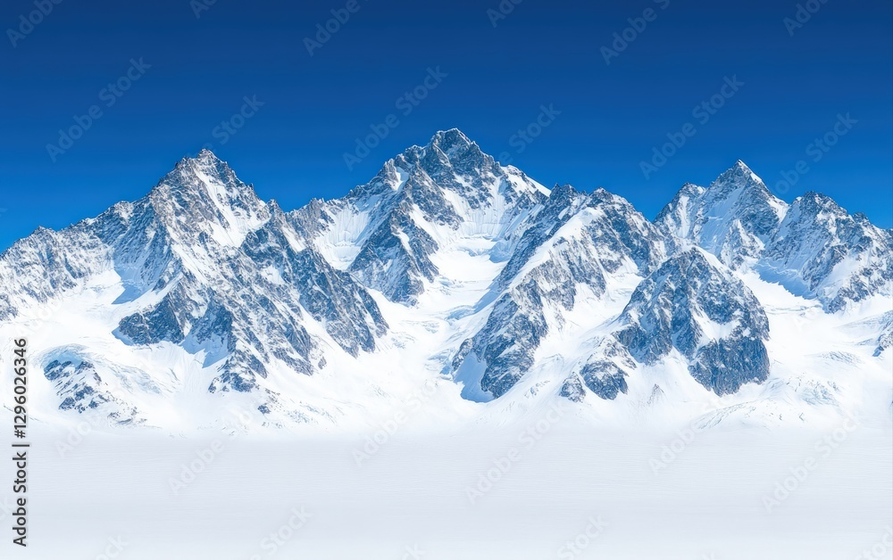 Obraz premium Majestic snow capped mountain range under a vibrant blue skyA breathtaking panoramic view of winter wonderland Explore the beauty of nature s grandeur